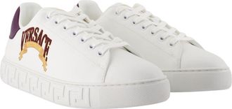 Versace Mens Logo-Embroidered Leather Sneaker White