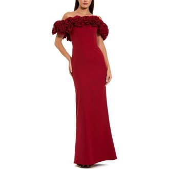 Mac Duggal Crepe Off The Shoulder Column Gown With 3D Roses in Ruby at Nordstrom, Size 4