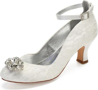 Generic Satin Wedding Shoes Womens Bridal Shoes Round Toe Lace Low Heels Prom Party Dress Shoes 6.5Cm,Ivory,5 UK