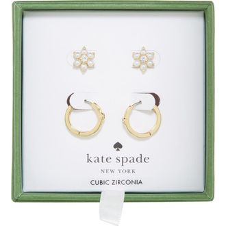 Kate Spade New York set of 2 faux pearl cluster hoop earrings in Cream/Clear/Gold at Nordstrom Rack