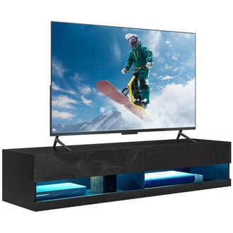 HOMCOM High Gloss TV Stand Unit Wall Mounted With LED Lights - Black | TJ Hughes