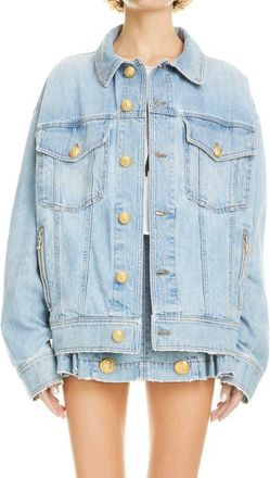 Balmain Logo Embellished Oversize Denim Trucker Jacket in 6Fc 6Fc Bleu Jean Clair at Nordstrom, Size 38