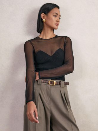 Reiss Black Mesh Knit Sweetheart Long-sleeve Top, XS