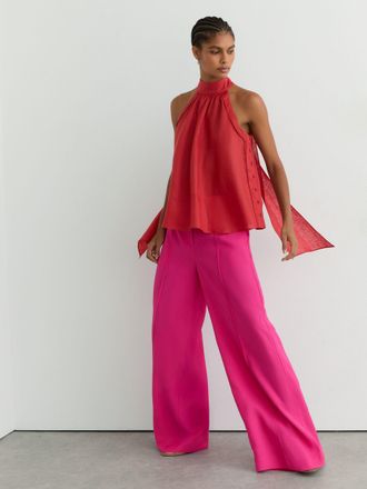 Reiss Coral Red Linen Sleeveless Scarf-neck Top, 16