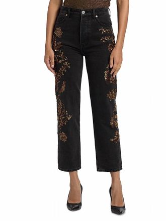 Veronica Beard Daniela Embellished High Rise Straight Leg Jeans In Washed Onyx