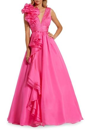 Mac Duggal Ruffle Shoulder V-Neck Chiffon Gown in Hot Pink at Nordstrom, Size 14