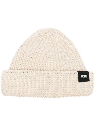 GCDS logo-patch ribbed knit beanie - women - Cotton/Polyamide - One Size - Neutrals