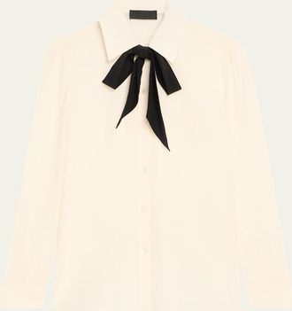 Nili Lotan Hanford Neck-Bow Silk Button-Down Shirt