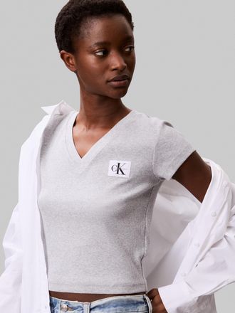 Calvin Klein Jeans T-Shirt CALVIN KLEIN JEANS A- SS WOVEN LABEL RIB VNECK TEE, Damen, Gr. XXL (46), grau (bc06 grau heather), Rippware, Obermaterial: 95% Baumwolle, 5% E