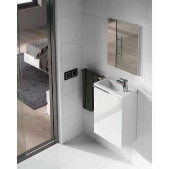 Dmora Mobile sottolavabo Peoria, Mobiletto per bagno sospeso, Armadio a 1 anta con specchio e lavabo, 40x22h58 cm, Bianco lucido