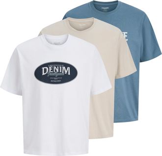 Jack & Jones T-Shirt JACK & JONES JJEDOVER DENIM TEE SS O-NECK 3PK MP, Herren, Gr. XXL, blau mirage pack:blau mirage, moonbeam, wei&szlig;, Jersey, Obermaterial: 100% Ba