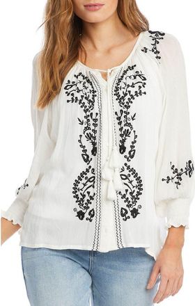 Karen Kane Embroidered Tie Neck Button-Up Peasant Top in White at Nordstrom, Size X-Large