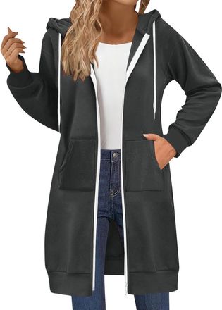 Generic Zipped Hoodies for Women UK Zip Up Hoodie Women Oversized Longline Hoodies Solid Color Long Sleeve Mid Length Hooded Sweatshirts Casual Lightweight Op