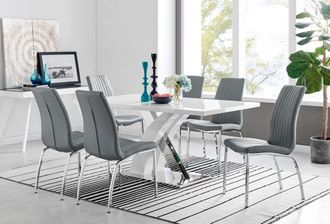 Furniturebox Atlanta Modern Rectangle Chrome Metal High Gloss White Dining Table & 6 Isco Chairs Set in Grey