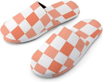 Generic Peach White Checkered Plaid Pattern Mens House Slippers Slip Indoor Slipper On Shoes Warm Outdoor