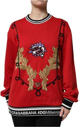 Dolce & Gabbana Queen Sequined Crew Neck Sweater - Dames - Sweatshirts - Rood - S - Katoen - Hoodies & sweatvesten
