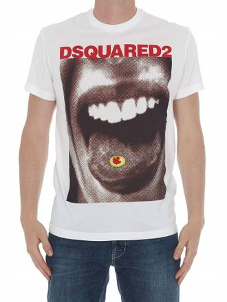 Dsquared2 Mens Mouth Print Graphic Cotton T-Shirt In White
