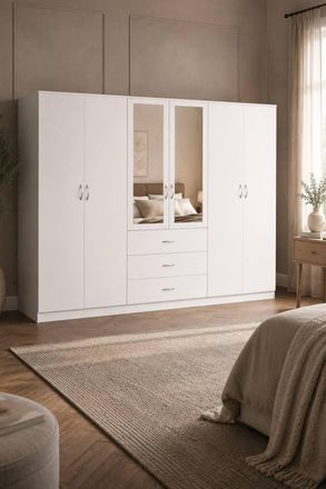 Home Discount Vida Designs Riano 6 Door 3 Drawer Mirrored Wardrobe Bedroom Furniture in White