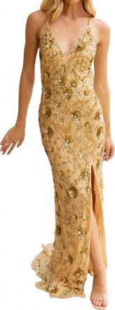 Primavera Beaded Full-Length Formal Gown In Light Gold