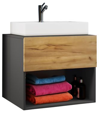 ebuy24 Ebuy24 - Vcm 2 Piezas Lavabo Lavabo Ancho 60 Cm Juego De Muebles De Ba&ntilde;o Gabinete De Ba&ntilde;o Cer&aacute;mica Lendas Ll (antracita / Roble Miel)