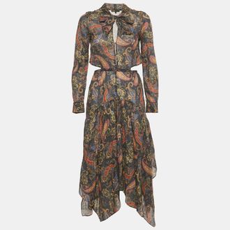 Maje Blue Paisley Print Citton Cut-Out Asymmetric Midi Dress