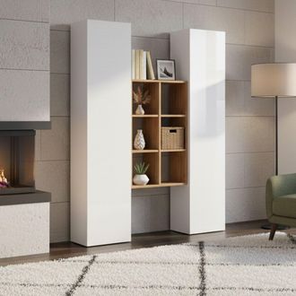 Dmora Aparador Ddeluc, Juego De Sal&oacute;n Con 2 Puertas Y Estantes, Buffet De Sal&oacute;n, Aparador De Cocina, 100% Made In Italy, 140x30h180 Cm, Blanco Brillo Y Arce