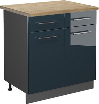 Vicco Mueble Bajo De Cocina Fame-line, Azul Oscuro Alto Brillo, 80 Cm, Et Roble