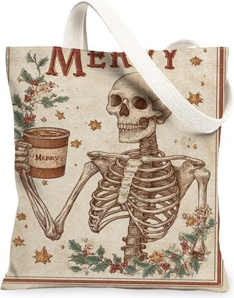 Generic Merry Skeleton Canvas Tote Bags, Rustic Skeleton Design Reusable Grocery Bags, Lightweight Washable Shoulder Strap Canvas F, Beige, 13x15 Inch