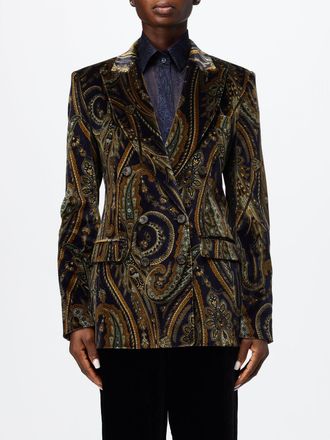Etro Double-Breasted Blazer in Velvet with Paisley Print and Peak Lapels