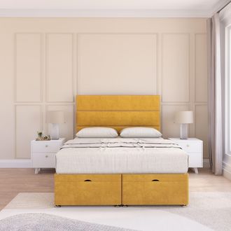 Sloomy Texas Plush Fabric Ottoman Bed End Opening With Sprung Memory Mattress & 26 Inch strut Headboard in Gold | Size: Super King