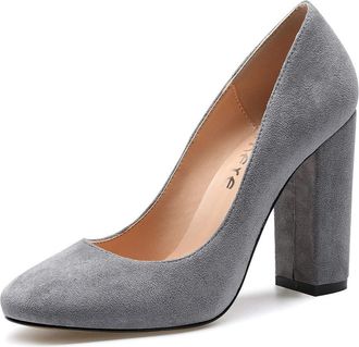 Castamere High Heels Womens Block Heels Round Toe Slip-on Court Shoes 4IN Heeled Suede Grey Pumps UK 5.5/6