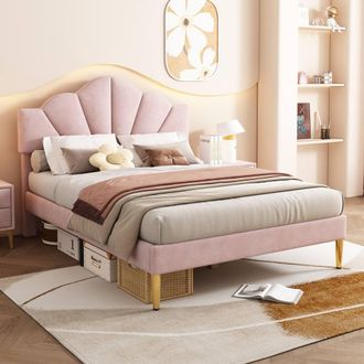 Merax Shell-Like Velvet Upholstered Double Bed with Adjustable Headboard in Pink