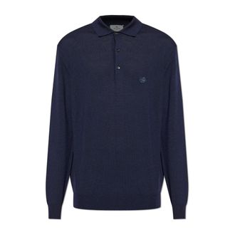 Etro Etro, Polo Shirts, male, Blue, Size: 2XL Wool polo shirt with long sleeves