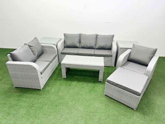 Fimous Patio PE Wicker 7 Seater Outdoor Rattan Furniture Sofa Sets w/ Oblong Coffee Table Reclining Chair Loveseat Sofa 3 Seater Sofa Big Footstool 2