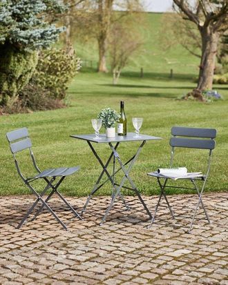 Dibor 3pc Metal Grey Square 2 Seater Folding Patio Set Outdoor Garden Dining Table & Chairs Set Bistro Set