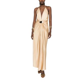 Simona Corsellini Halter-neck Satijnen Avondjurk - Dames - Avondkleed - Beige - L - Satijn - Kleedjes