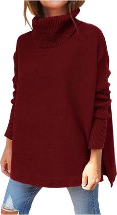 Generic Knitted Polo Neck Jumpers for Women - Soft Warm Long Sweater for Women - Oversized Chunky KnittedJumpers Long Jumper Baggy Jumpers Dress Chunky Cable 