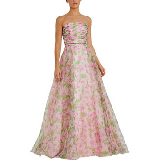 Mac Duggal Womens Strapless Floral Chiffon Gown with Ruched Detail in Pink Multi at Nordstrom, Size 12