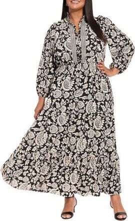 London Times Long Sleeve Tiered Maxi Dress in Black/Bone at Nordstrom Rack, Size 18W