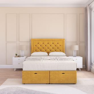 Sloomy Montana Plush Fabric Ottoman Bed End Opening With Sprung Memory Mattress & 54 Inch Floorstanding Headboard in Gold | Size: Single
