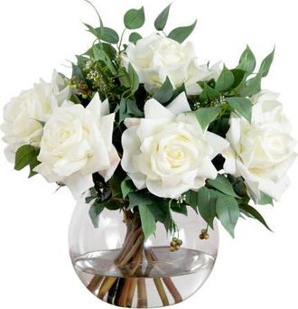 Nearly Natural Wedding Collection 16-in Artificial Roses and Mixed Greens Arrangement in Glass Vase in Green/white at Nordstrom