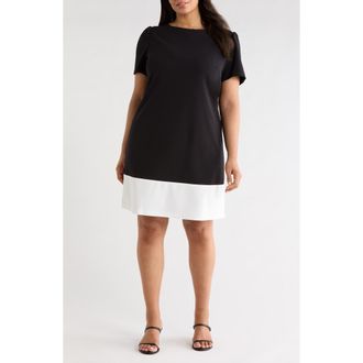 Kasper Short Sleeve Colorblock Shift Dress in Black/Lily White at Nordstrom, Size 14W