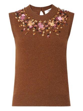 Fendi Top in maglia smanicato con decorazione di cristalli - Marrone