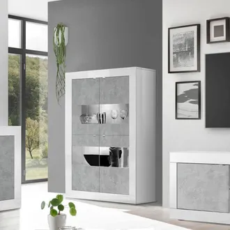 Homemania Vitrina De Sala De Estar Moderna De 4 Puertas En Blanco Brillante Y Cemento Tina Bc Basic
