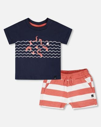 Deux par Deux Organic Cotton T-Shirt and Stripes Short Set in Blue And Brick Stripes at Nordstrom, Size 12M