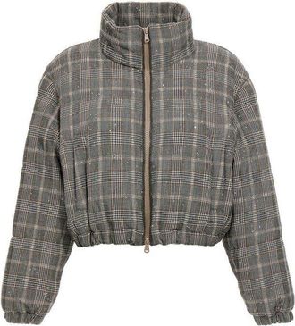 Brunello Cucinelli WomenS Beige Black Brown Checked Wool Blend Jacket, Size 8
