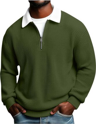 Generic Mens Waffle Knit Polo Shirts Long Sleeve Sweatshirt for Men UK Quarter-Zip Polo Neck Jumper Fashion Contrast Collar Sweatshirts Oversized Fit Soft Tex