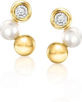 RS Pure by Ross-Simons 3-3.5mm Cultured Pearl and. Lab-Grown Diamond Bead Earrings in 18kt Gold Over Sterling