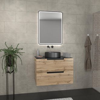 Aurlane Mueble De Ba&ntilde;o 80 Cm 2 Cajones - Roble Y Negro - Lavabo Redondo - Espejo Negro Led - Omega