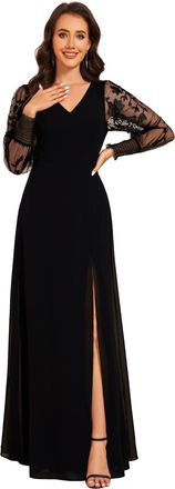 Ever-pretty Women Dress Elegant Evening Dress Formal Maxi High Slit V-Neck Embroidered Long Sleeves Chiffon Black 14UK